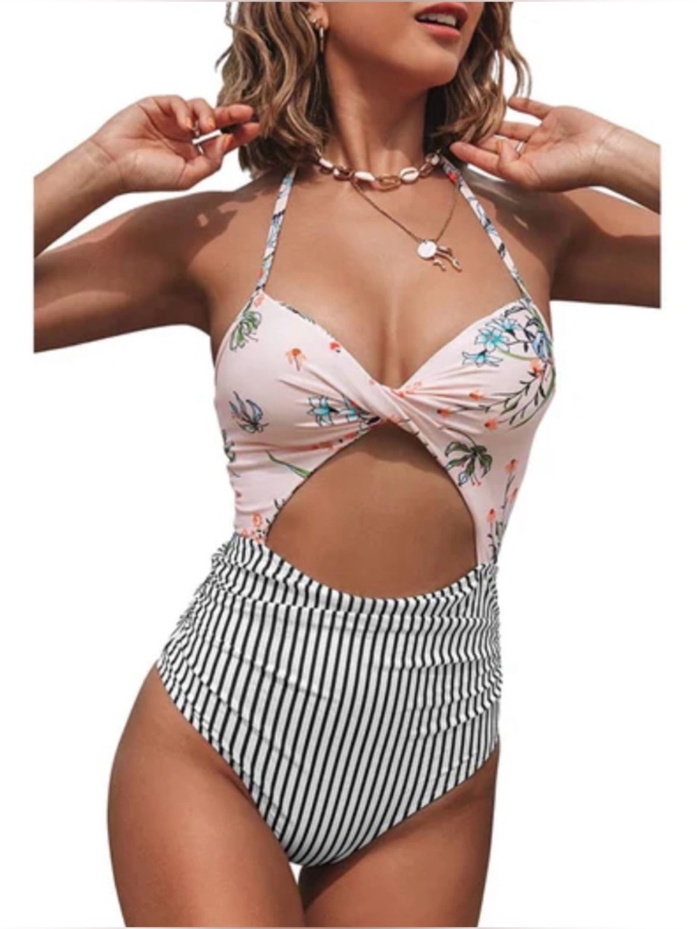 Cupshe Floral Pink Cutout One-Piece Swimsuit Sz XL fits smaller